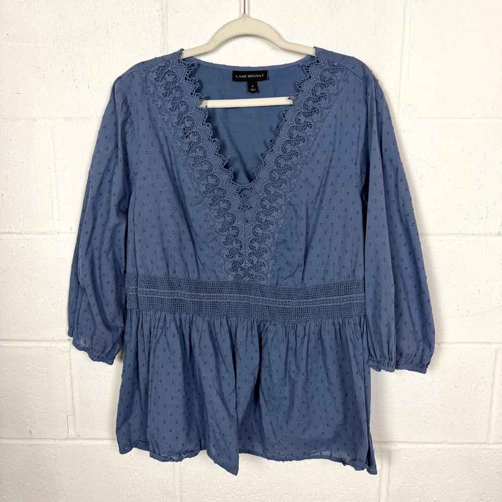 Lane Bryant Peplum Top Blue Crochet Lace Peasant Cottage Bohemian Romantic SZ 18
